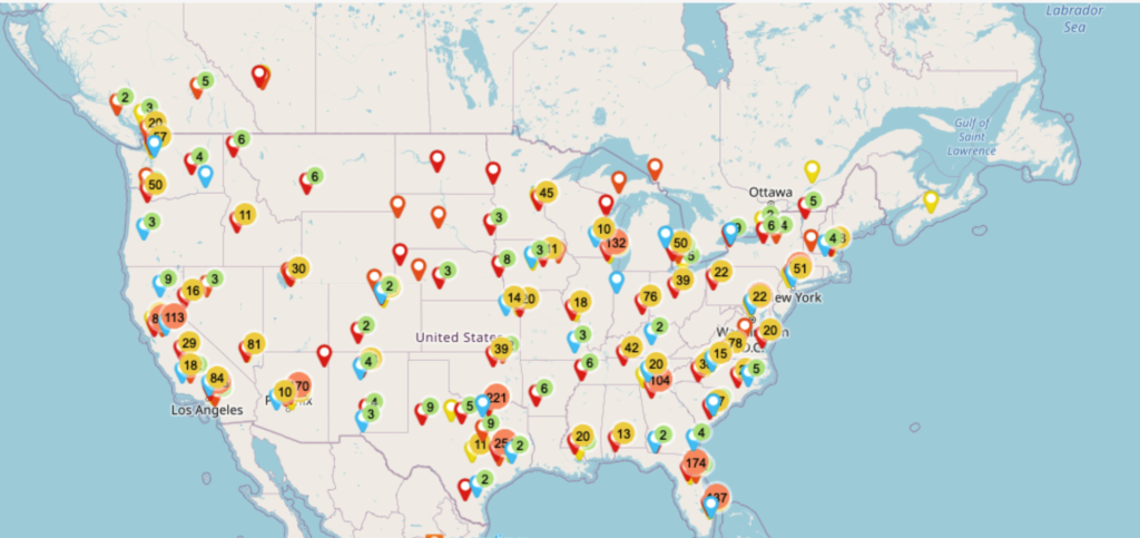 A US map of the locations EVinmotion services.